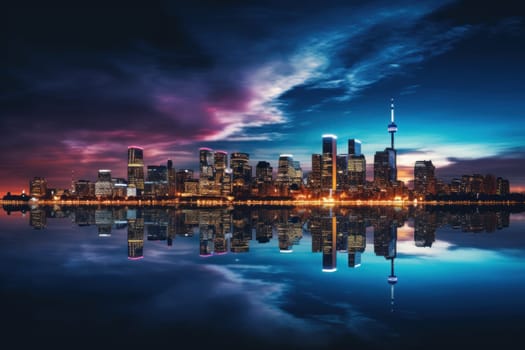 A skyline picture of a city with a reflection in the water.