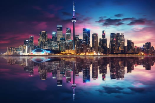 A skyline picture of a city with a reflection in the water.