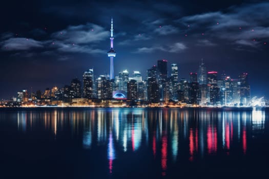 A skyline picture of a city with a reflection in the water.