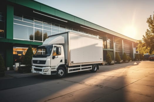Delivery truck at warehouse for advertising.