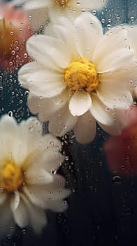 Background of blooming flowers in front of glass with water drops Stock Photo.