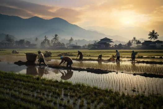Agriculture of Asia Local Thai farmers are planting rice fields.