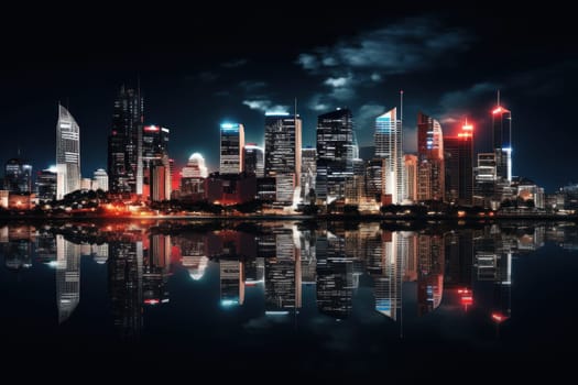 A skyline picture of a city with a reflection in the water.