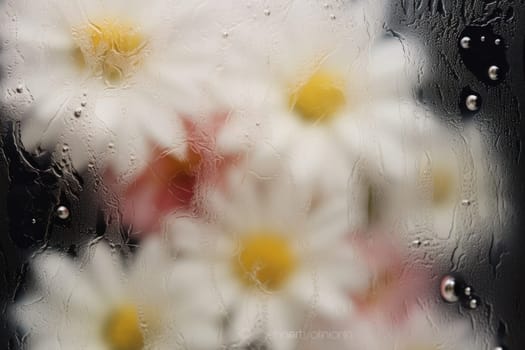 Background of blooming flowers in front of glass with water drops Stock Photo.