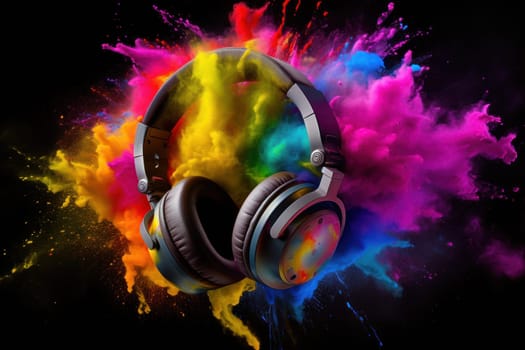 A headphone with colorful color powder splash Generative AI.