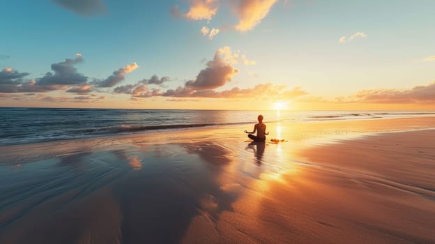 A tranquil yoga session on a beach at sunrise, calm sea in the background. Resplendent.