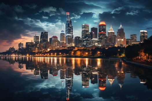 A skyline picture of a city with a reflection in the water.