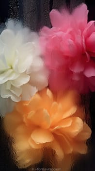 Background of blooming flowers in front of glass with water drops Stock Photo.