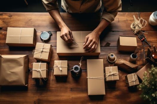 Online shopping young start small business in a cardboard box at work Generative AI.