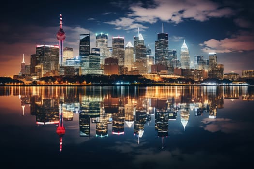A skyline picture of a city with a reflection in the water.
