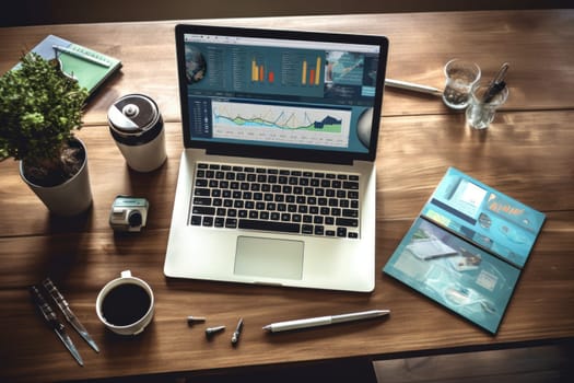 A modern work space desk with a laptop Generative AI.