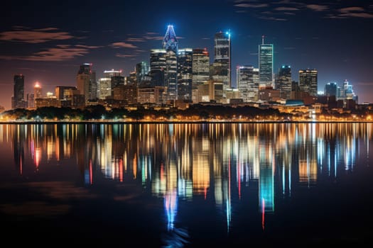A skyline picture of a city with a reflection in the water.