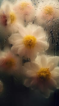 Background of blooming flowers in front of glass with water drops Stock Photo.