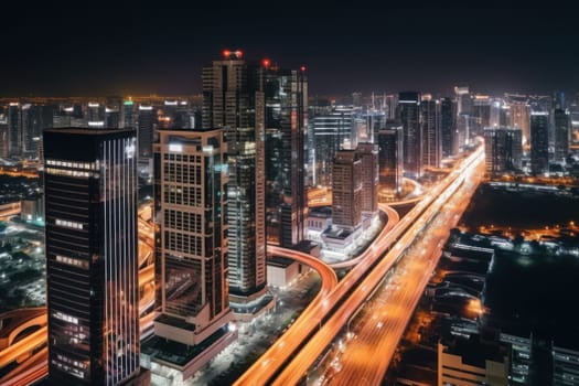 High speed traffic and light trails in highway at twilight Modern city at night.