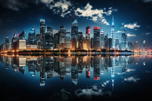 A skyline picture of a city with a reflection in the water.