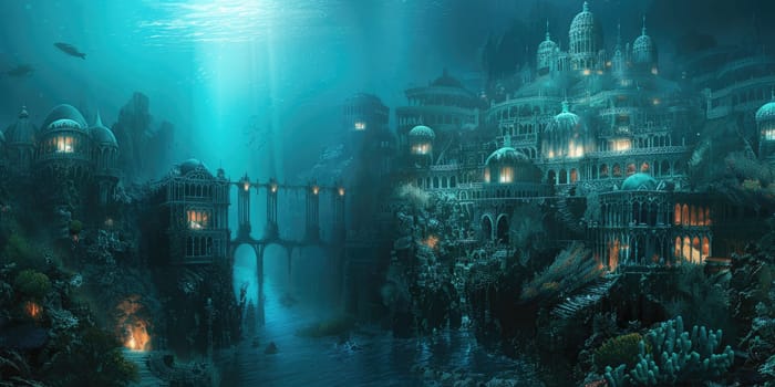 An underwater city with bioluminescent coral, schools of colorful fish, and ancient ruins, all illuminated by the eerie glow of an underwater volcano. Resplendent.