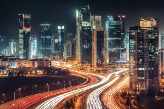 High speed traffic and light trails in highway at twilight Modern city at night.