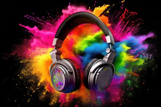 A headphone with colorful color powder splash Generative AI.
