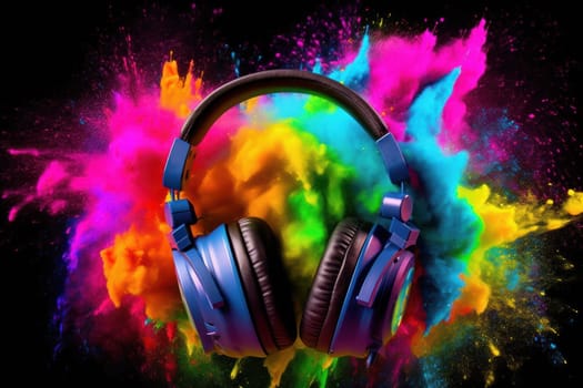 A headphone with colorful color powder splash Generative AI.