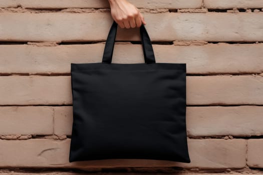 Hand holding black cotton tote bag mockup on a wall background.