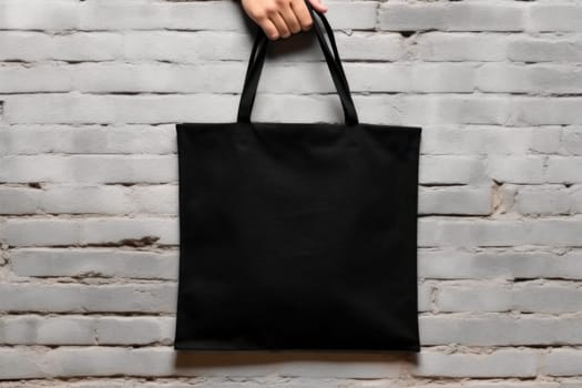 Hand holding black cotton tote bag mockup on a wall background.