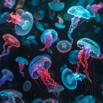 glowing sea jellyfishes on dark background and seamless texture. Neural network generated. Not based on any actual scene or pattern.