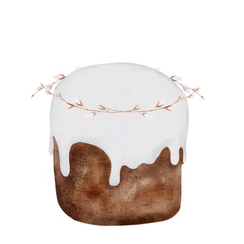 Easter kulich watercolor clip art on white background. Hand drawn traditional Christian pastry with wreath of willow branches. Festive cupcake for christ resurrection. Jesus Christ celebration. High quality illustration
