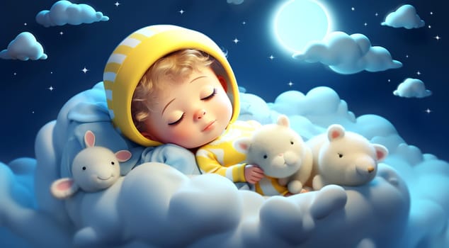 Magical children's backgrounds, the embodiment of children's dreams. Child and animals sleeping on a cloud. AI generated.