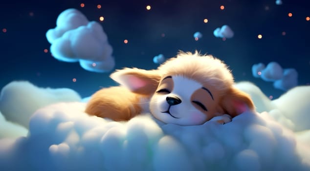 Magical children's backgrounds, the embodiment of children's dreams. Child and animals sleeping on a cloud. AI generated.