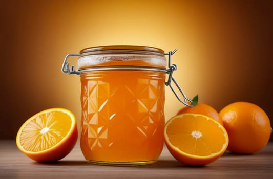 Orange marmalade in a glass jar, healthy food. AI generated.