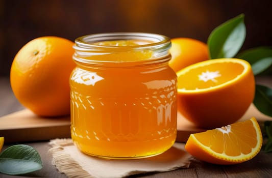 Orange marmalade in a glass jar, healthy food. AI generated.