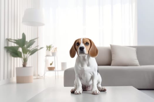 Modern bright living room interior Cute dog near couch.