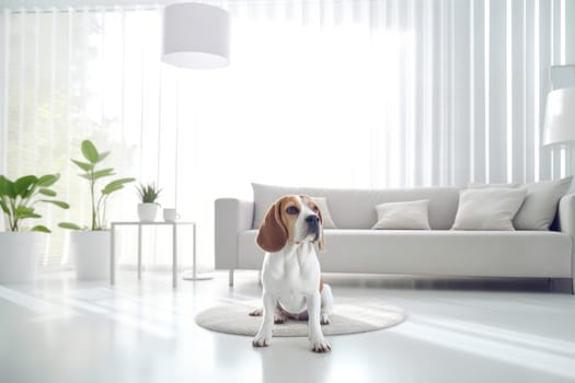 Modern bright living room interior Cute dog near couch.