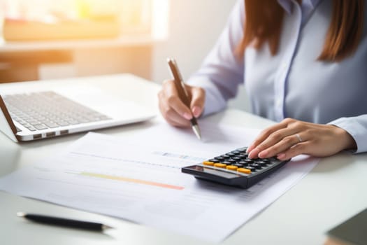 Closeup shot of businesswoman using a calculator and laptop in an office.