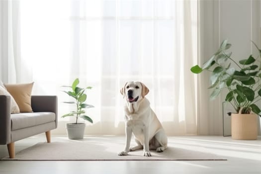 Modern bright living room interior Cute dog near couch.