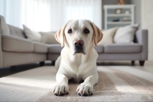 Modern bright living room interior Cute dog near couch.