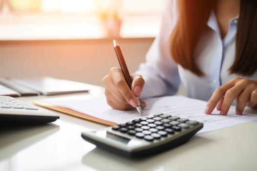 Closeup shot of businesswoman using a calculator and laptop in an office.