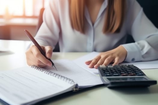 Closeup shot of businesswoman using a calculator and laptop in an office.