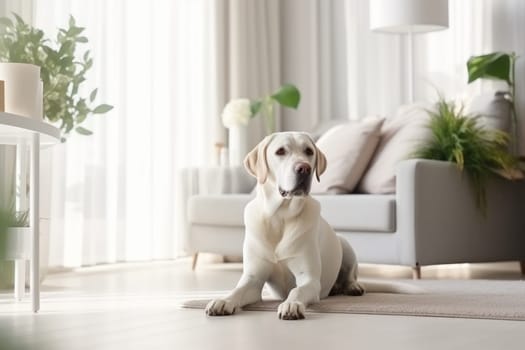 Modern bright living room interior Cute dog near couch.