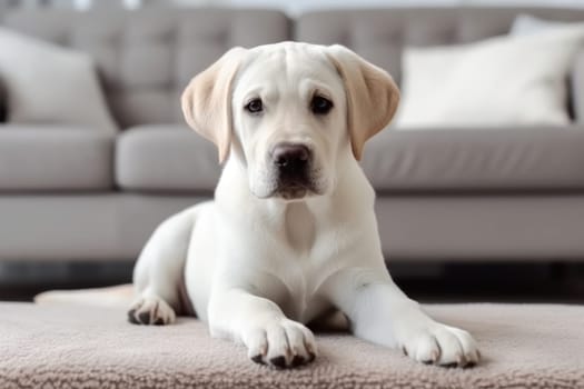 Modern bright living room interior Cute dog near couch.