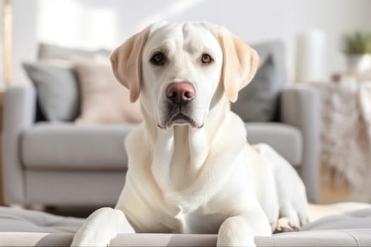 Modern bright living room interior Cute dog near couch.