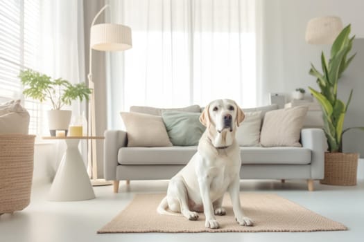 Modern bright living room interior Cute dog near couch.