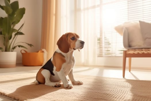 Modern bright living room interior Cute dog near couch.
