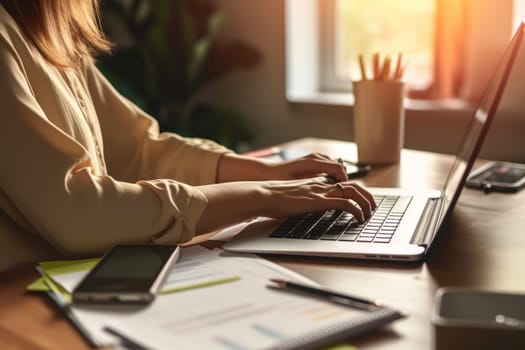 Closeup shot of businesswoman using a calculator and laptop in an office.