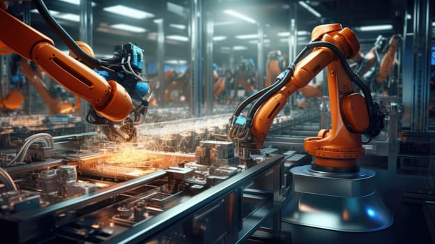 Automated robotic in manufacturing industry. Robotics and artificial intelligence in production AI