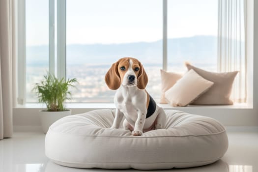 Modern bright living room interior Cute dog near couch.