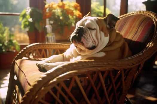 Cute English bulldog lying in a comfortable spot.