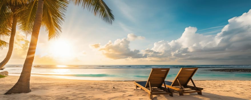 Tropical beach background with sun loungers and palm trees. Wide format banner AI