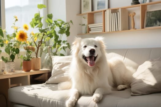 Modern bright living room interior Cute dog near couch.