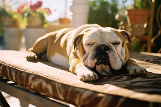 Cute English bulldog lying in a comfortable spot.